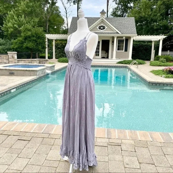 NWT Free People Adella Maxi Slip Dress Long Ruffle Lace Slate Purple Gray XS - Picture 8 of 10